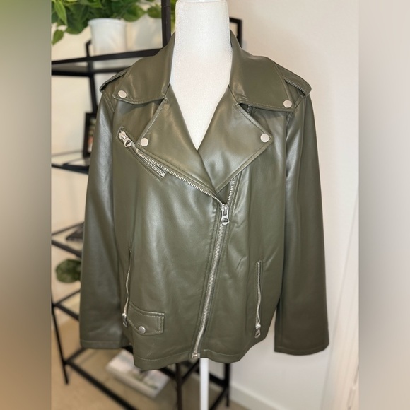 Scoop Women's Faux Leather Moto Jacket Olive Army Green Size L - Picture 8 of 11